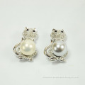 White Pearl Stud Earrings with Owl